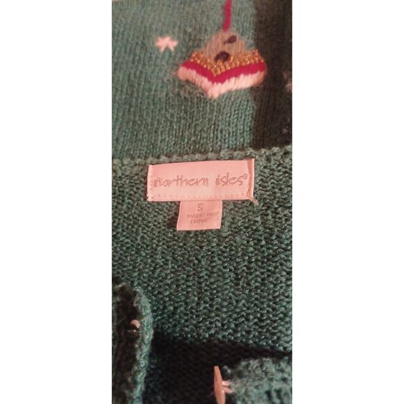 Vintage Northern Isles Christmas Birdhouse Cardigan Sweater Green Size Small - Picture 5 of 7